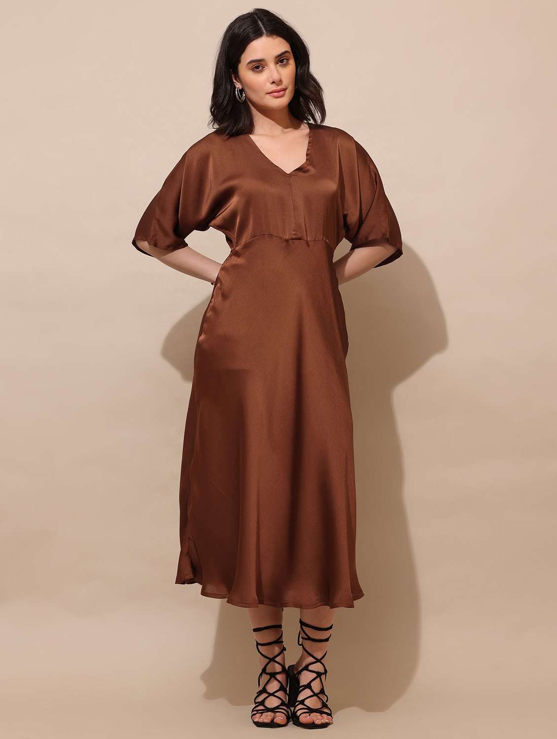 women solid v neck fit and flare dress - 22541076 -  Standard Image - 2