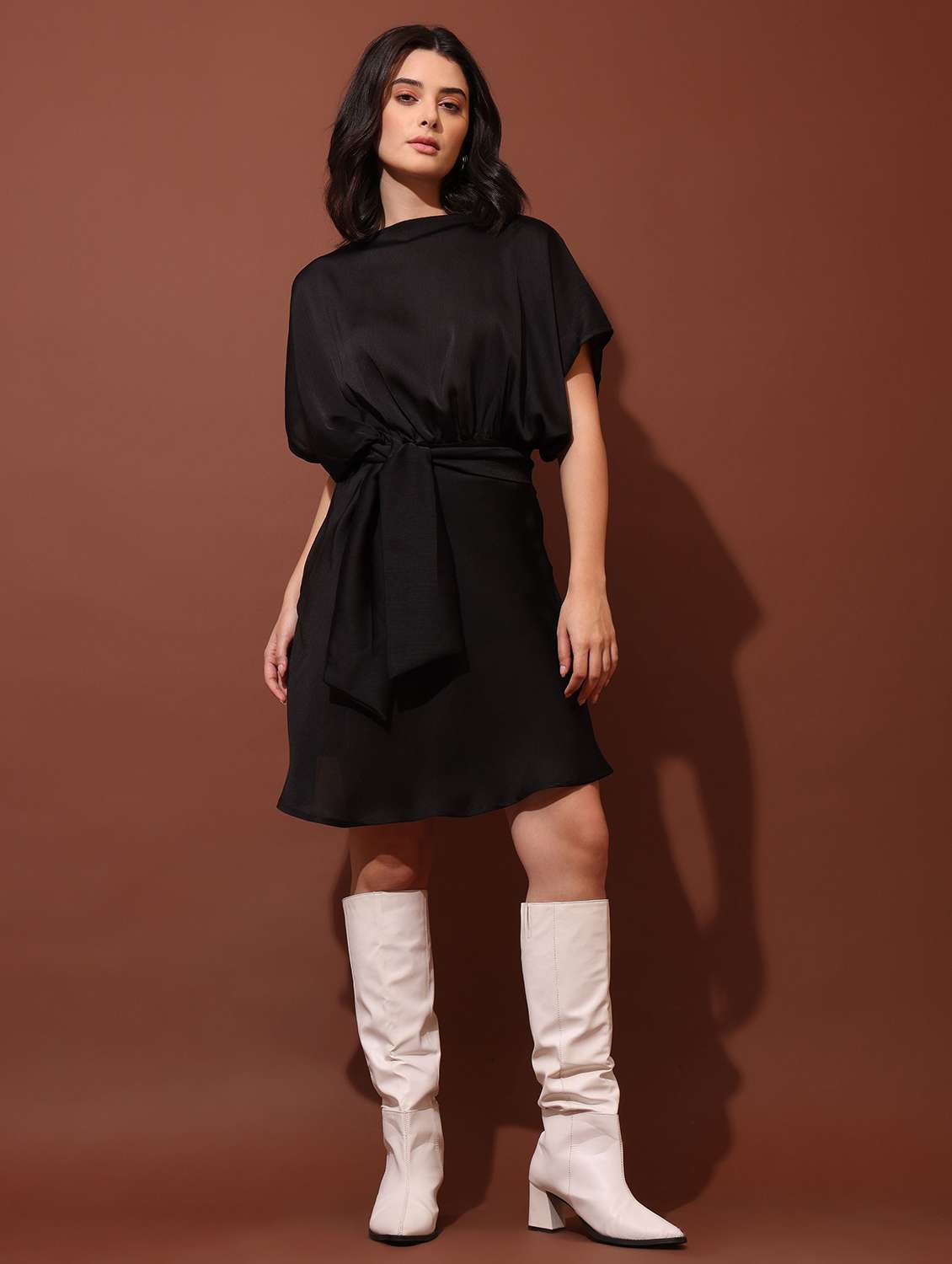 women solid boat neck fit and flare dress