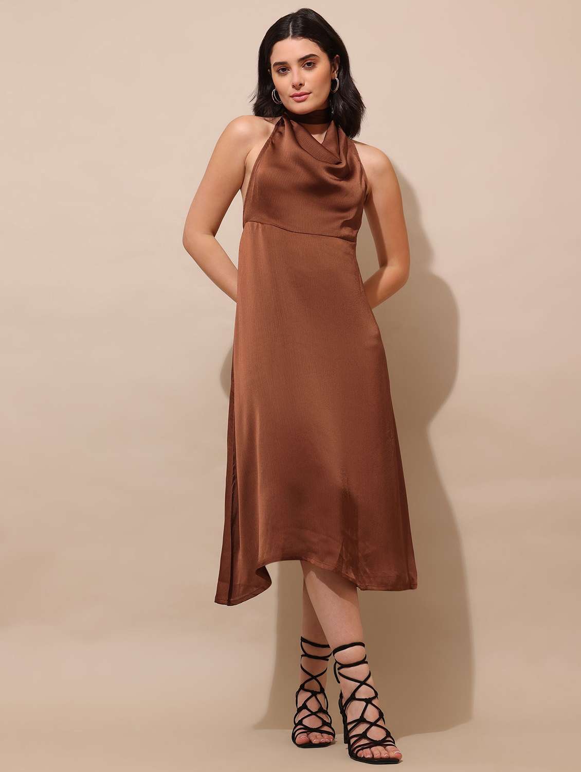 women solid halter neck a-line dress
