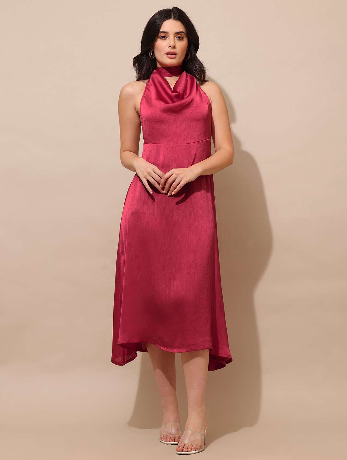 women solid halter neck a-line dress