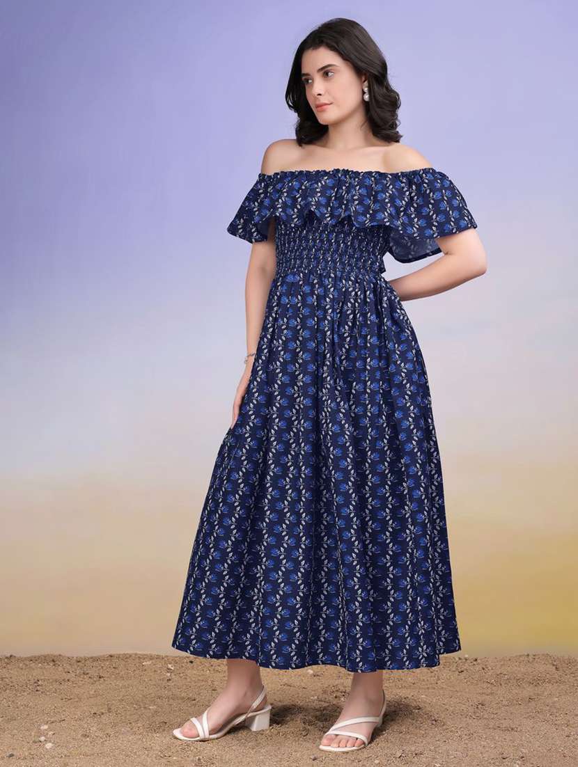 women printed off shoulder fit and flare dress - 22541113 -  Standard Image - 2