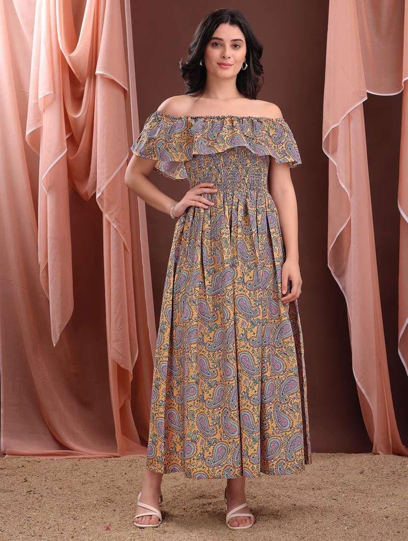 women printed off shoulder fit and flare dress