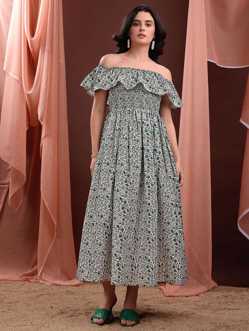 women printed off shoulder fit and flare dress - 22541116 -  Standard Image - 2