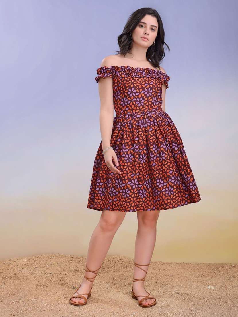 women printed off shoulder fit and flare dress