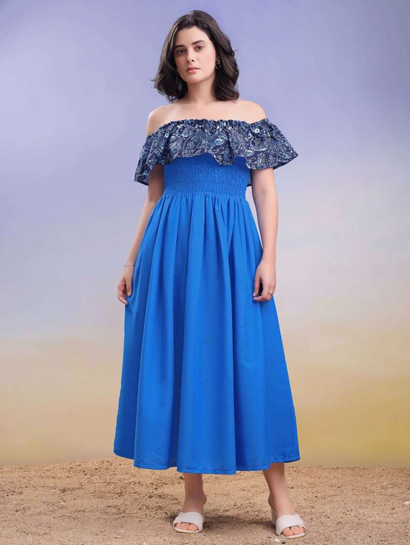 women printed off shoulder fit and flare dress