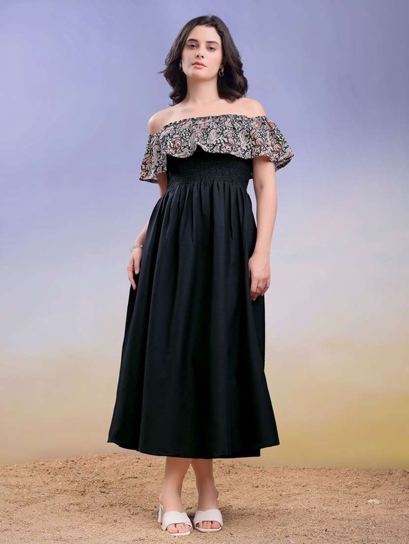 women printed off shoulder fit and flare dress