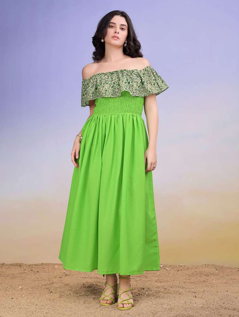 women printed off shoulder fit and flare dress