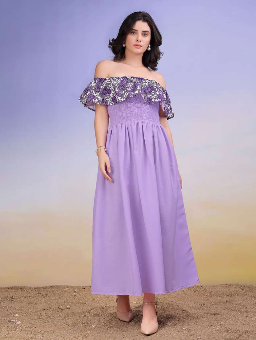 women printed off shoulder fit and flare dress - 22541144 -  Standard Image - 2