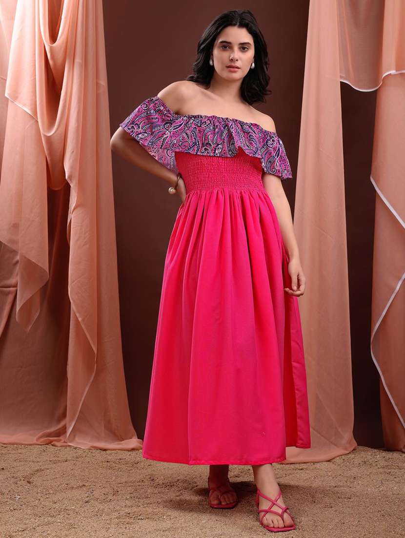 women printed off shoulder fit and flare dress - 22541145 -  Standard Image - 2