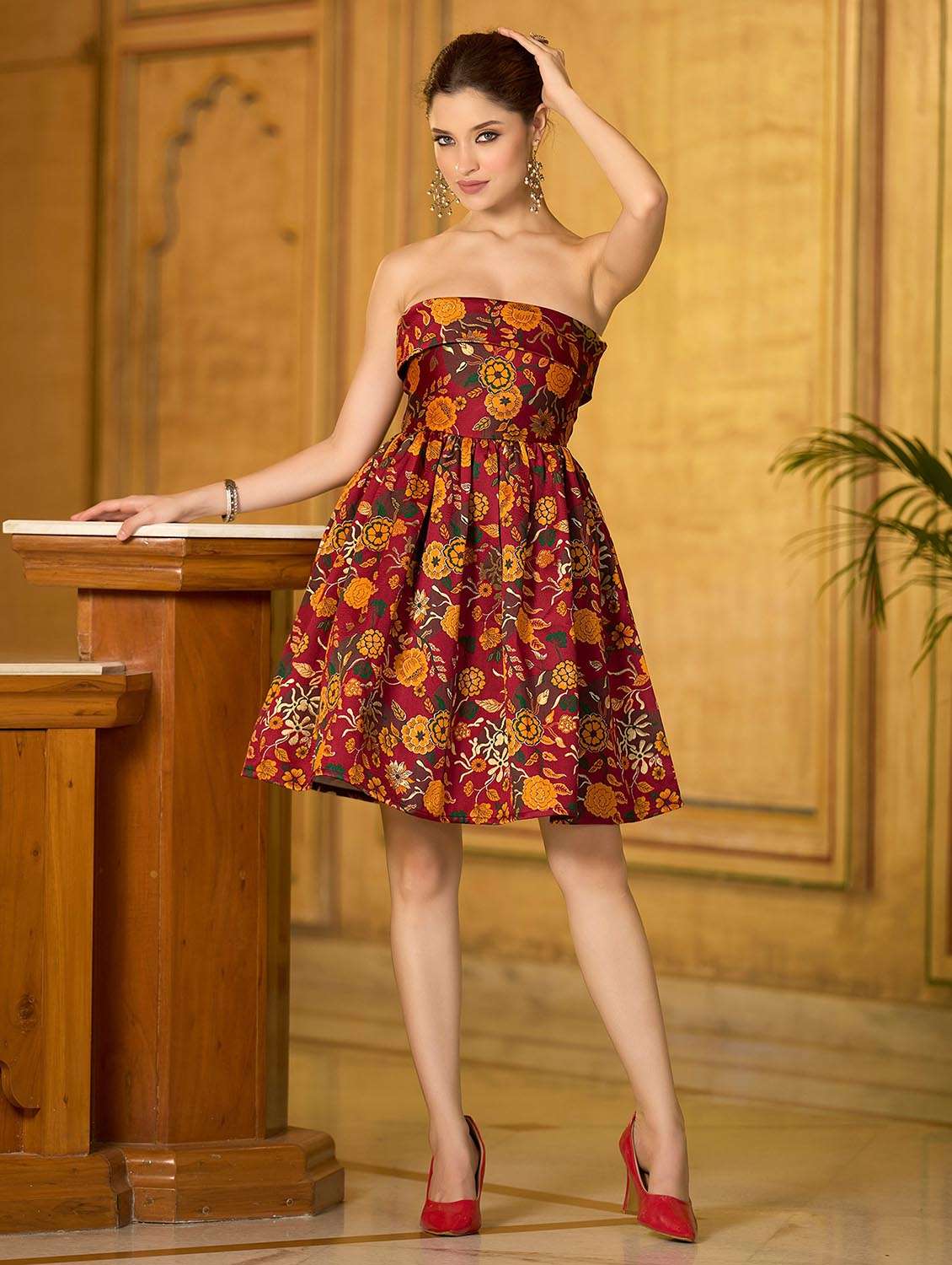 women printed off shoulder fit and flare dress - 22541176 -  Standard Image - 2