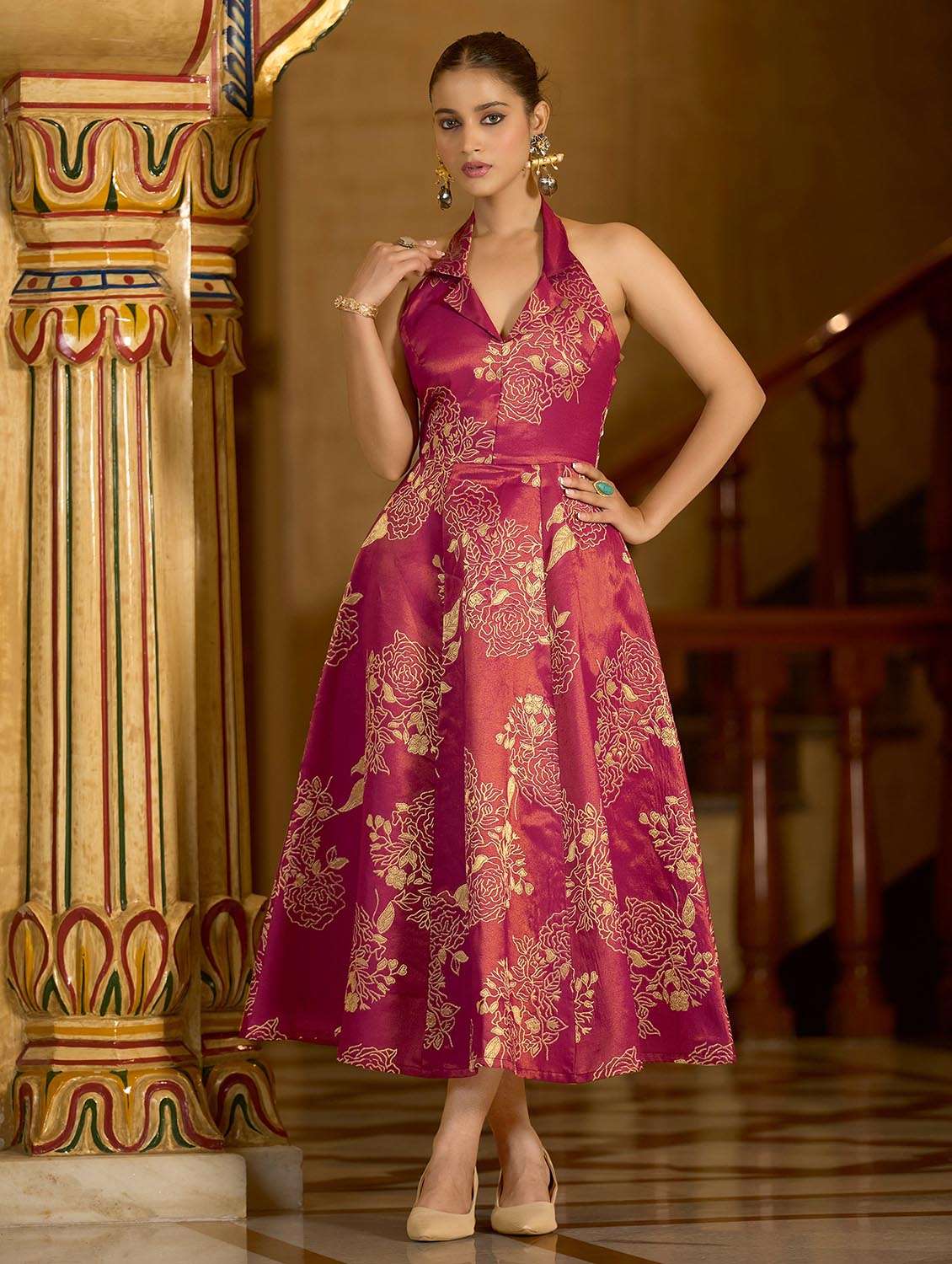 women self design halter neck fit and flare dress