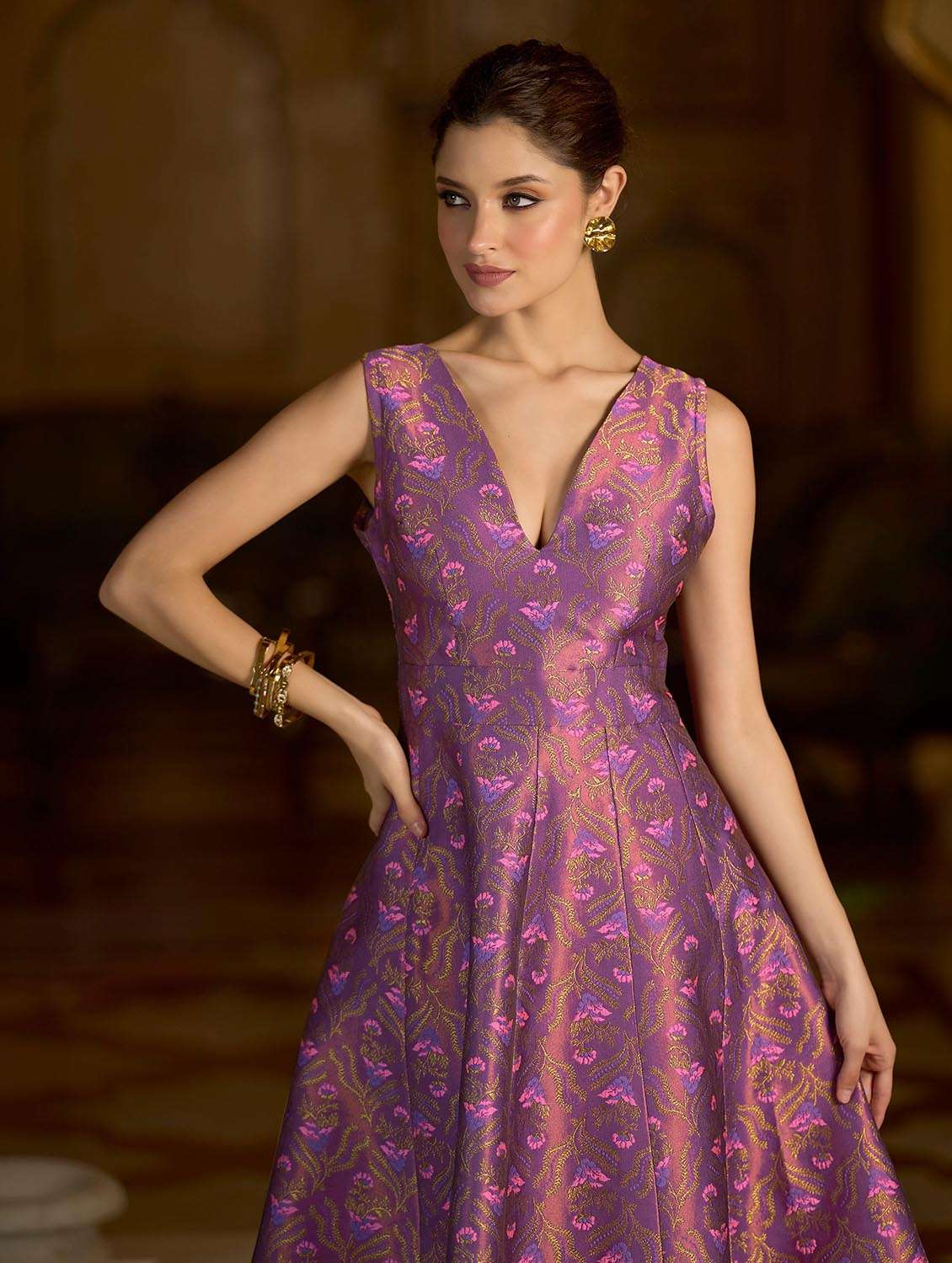 Women Self Design V Neck Fit And Flare Dress - 22541184 -  Standard Image - 2