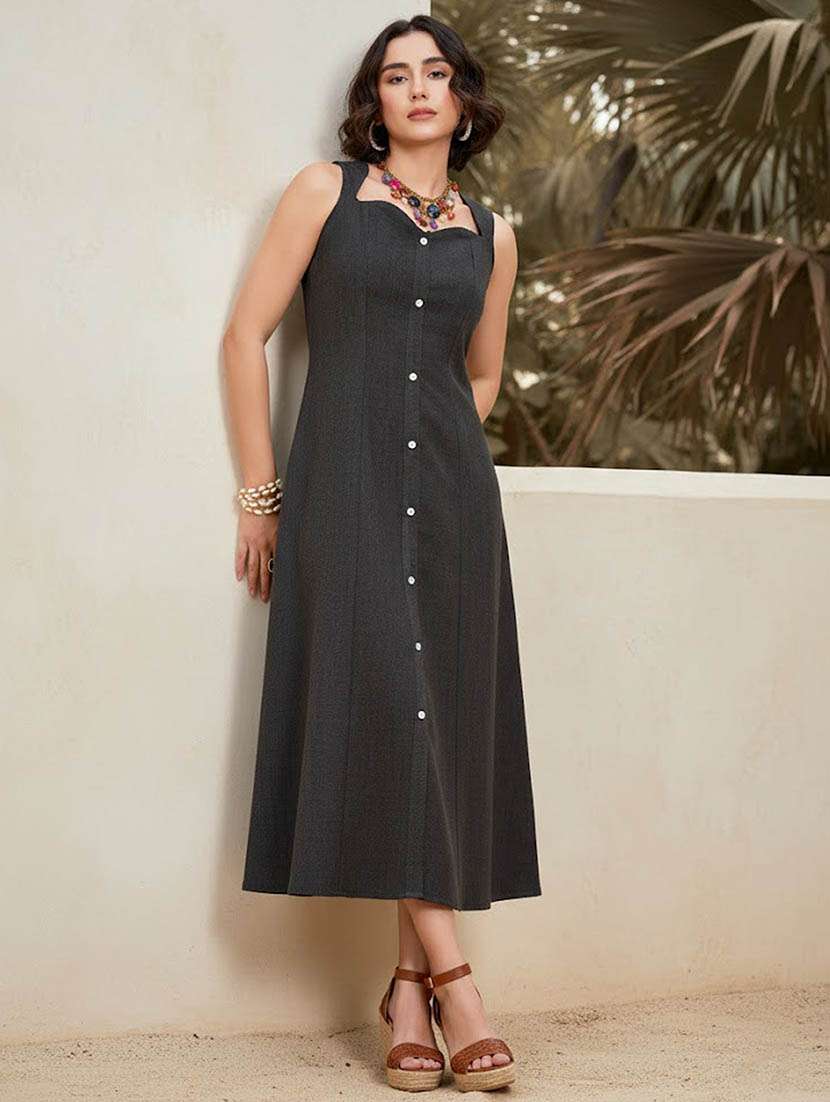 women solid sleeveless a-line dress
