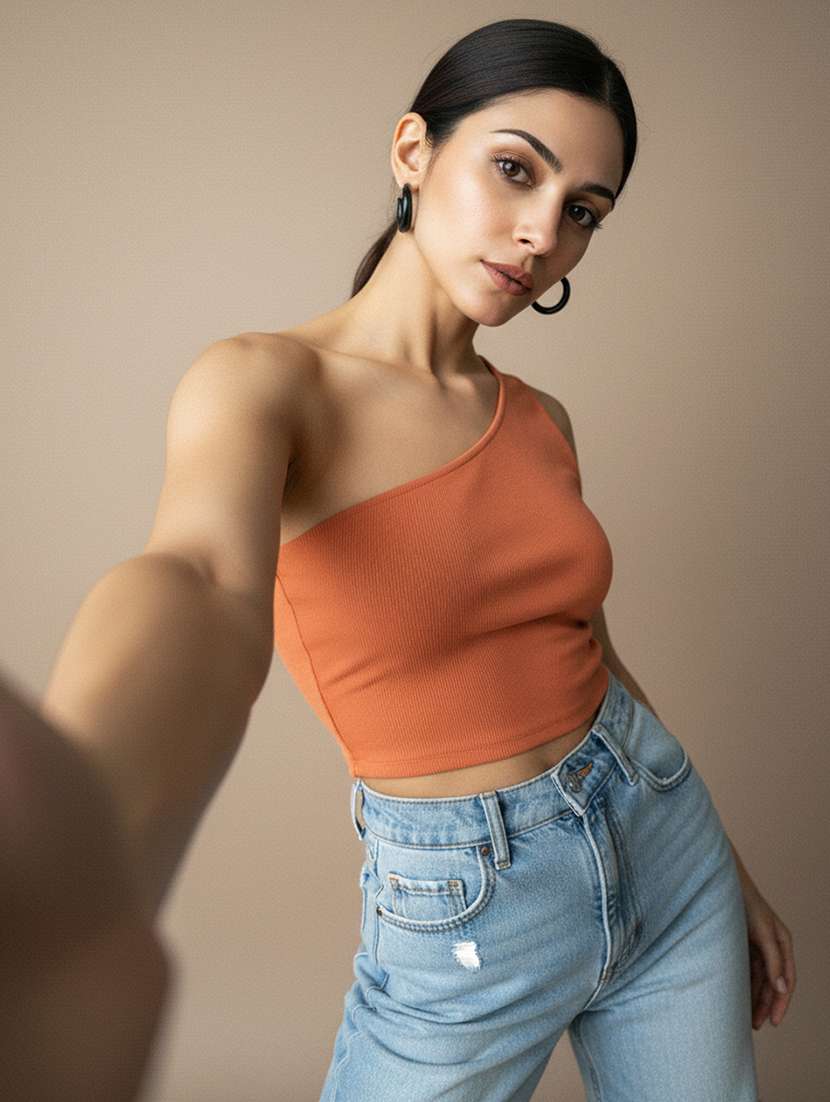 women solid single shoulder crop top - 22541209 -  Standard Image - 2