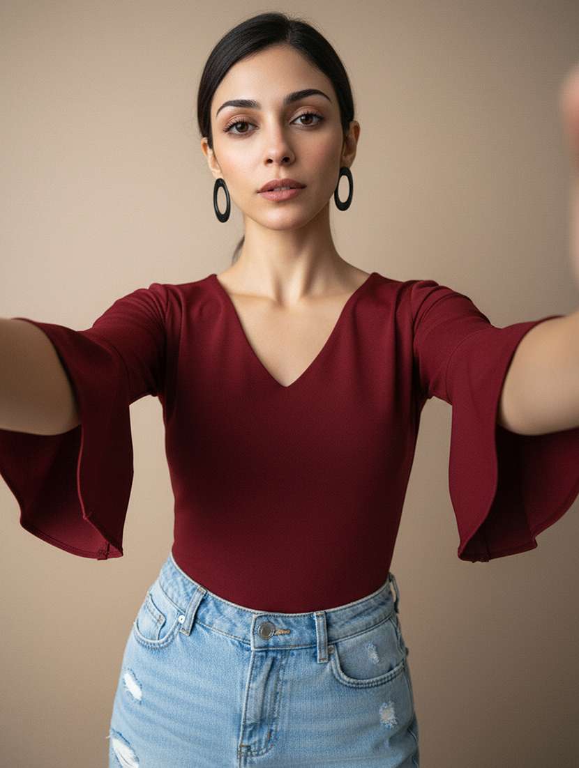 Women Solid V Neck Regular Top - 22541219 -  Standard Image - 2