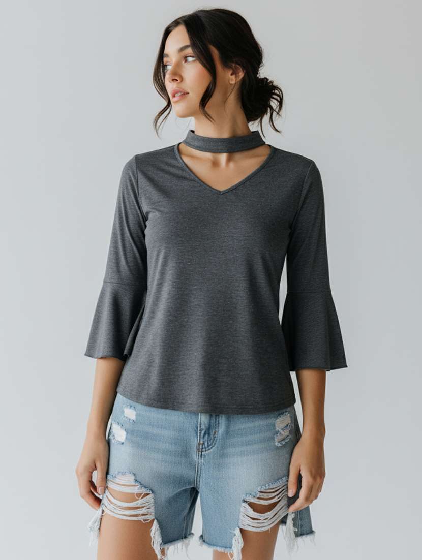 women solid choker neck regular top