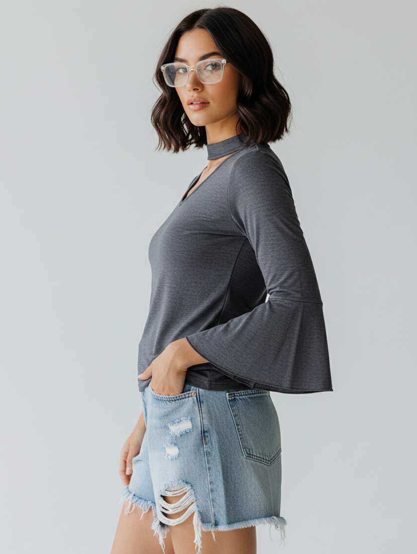 women solid choker neck regular top - 22541221 -  Standard Image - 2