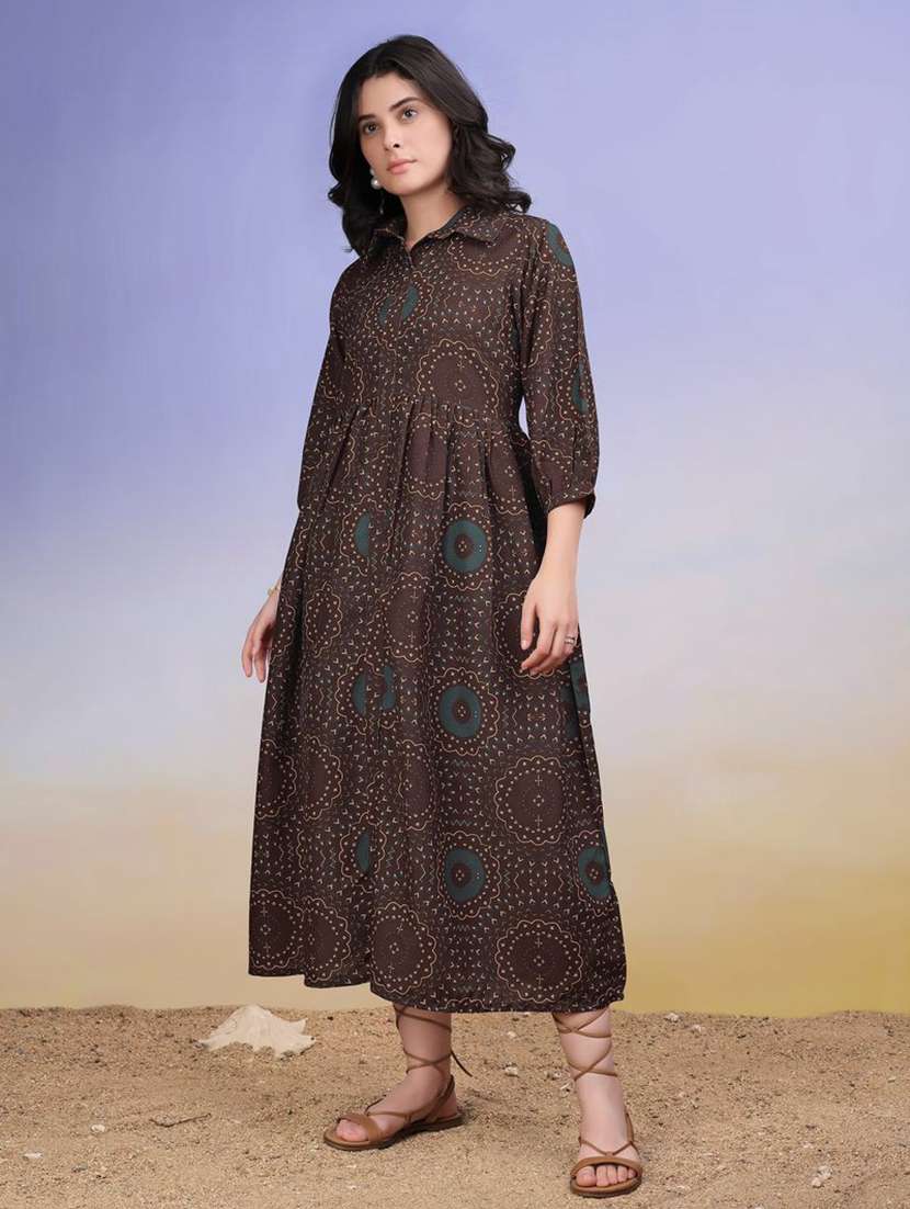 women printed collared fit and flare dress - 22541238 -  Standard Image - 2