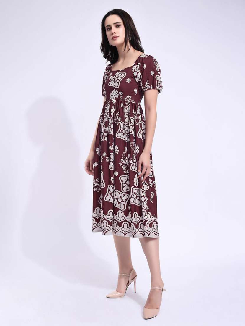 women printed square neck fit and flare dress - 22541262 -  Standard Image - 2