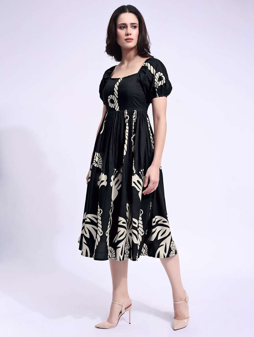women printed puff sleeve fit & flare dress - 22541264 -  Standard Image - 2