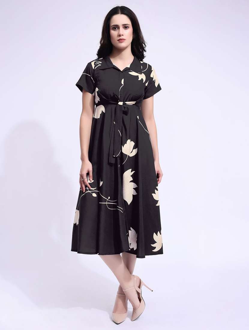 women printed collared fit and flare dress - 22541269 -  Standard Image - 2