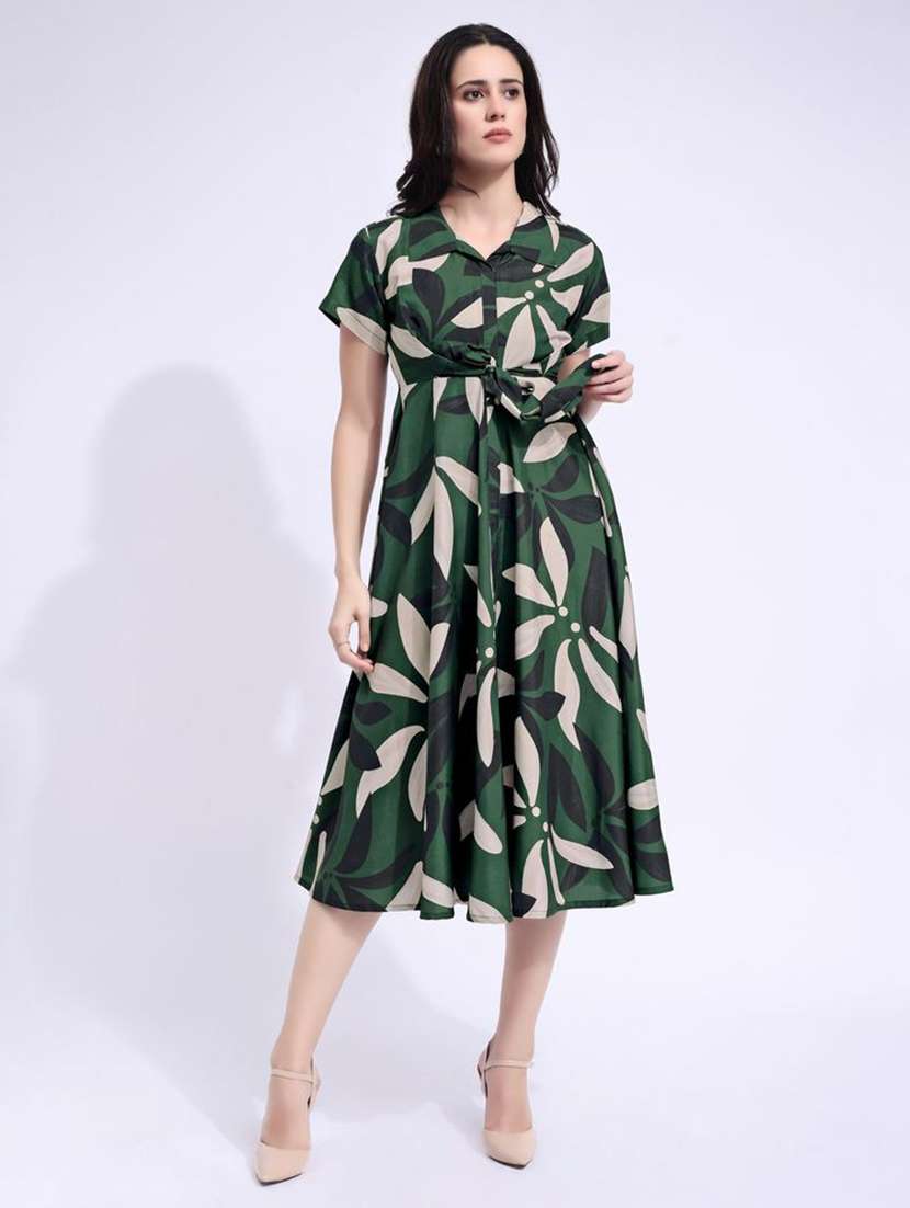 women printed collared fit and flare dress - 22541270 -  Standard Image - 2