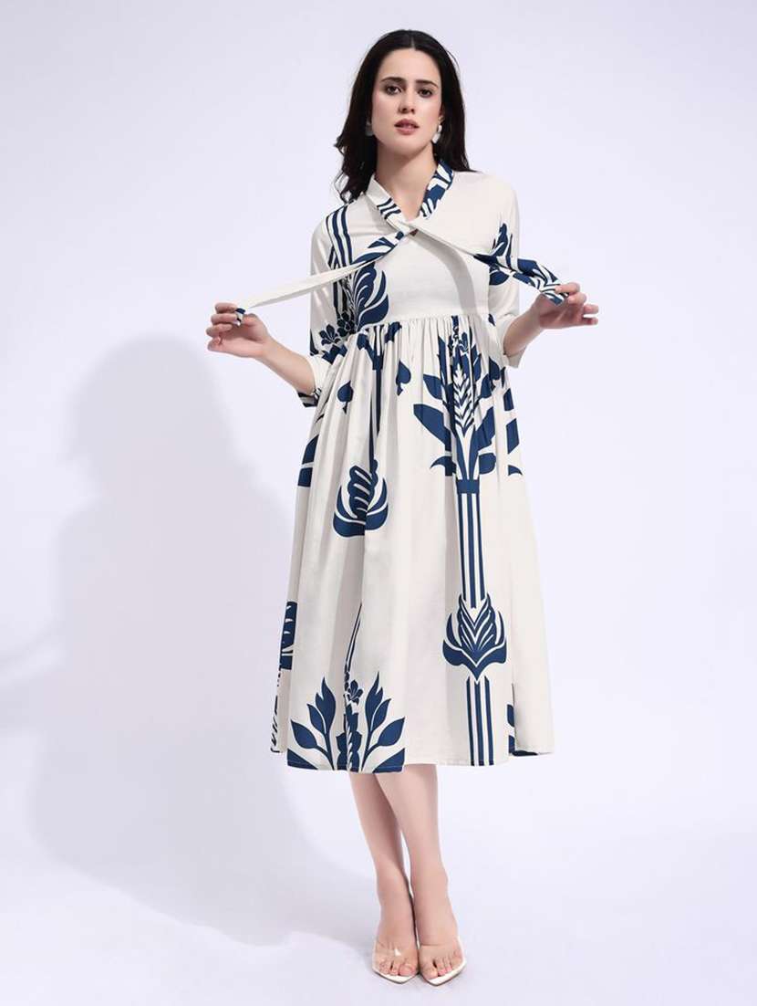women printed tie up neck fit and flare dress - 22541271 -  Standard Image - 2