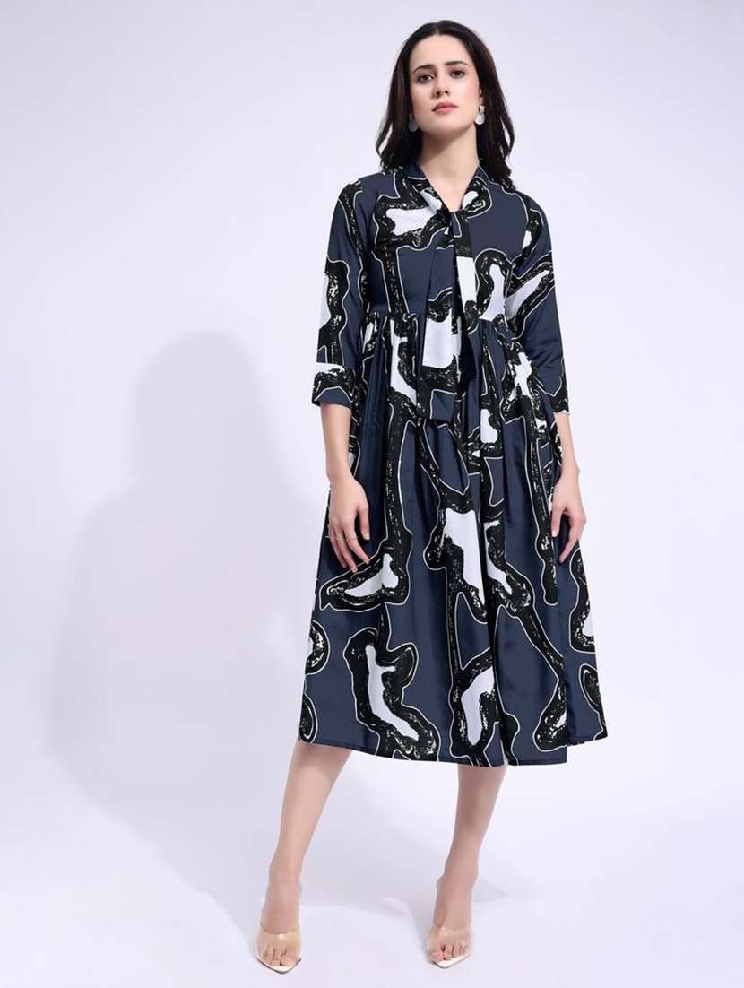 women printed tie up neck fit and flare dress - 22541273 -  Standard Image - 2
