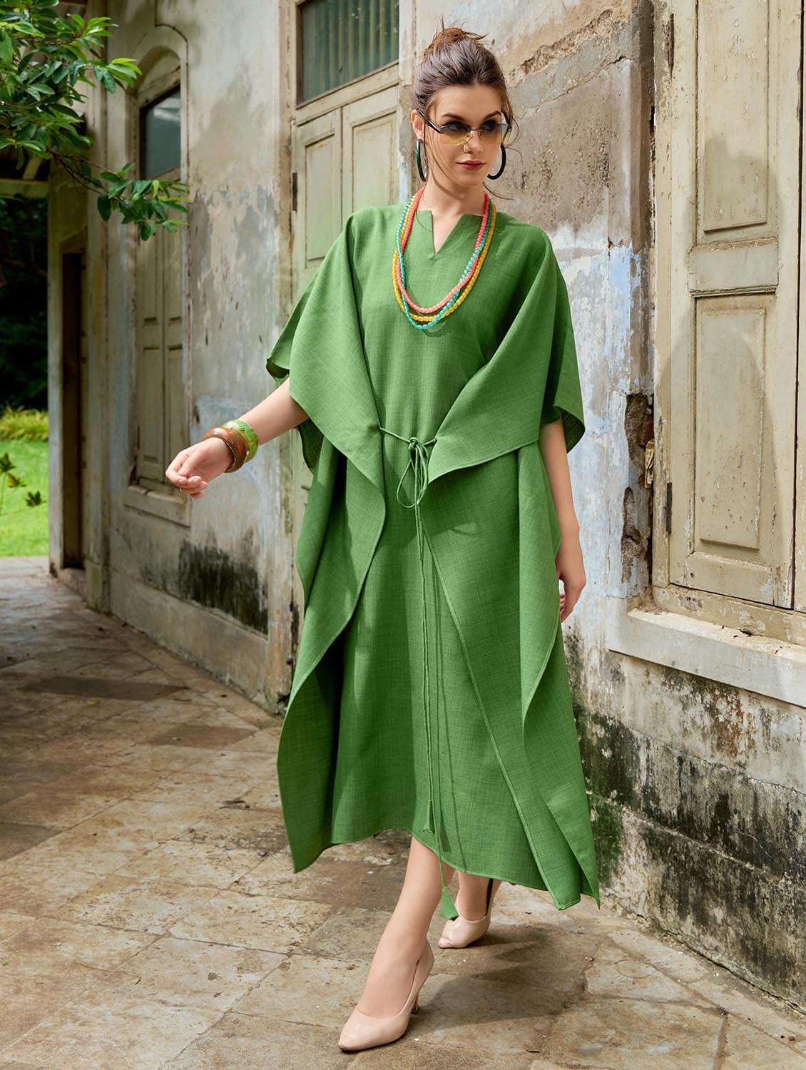 women solid kimono sleeve kaftan dress