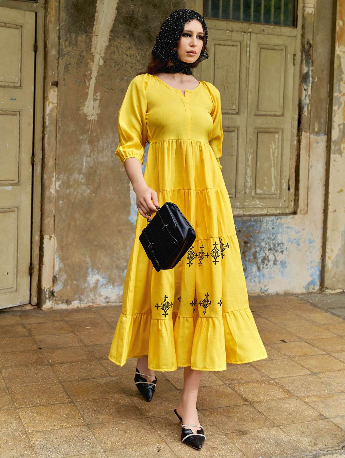 women embroidered notch neck tiered dress