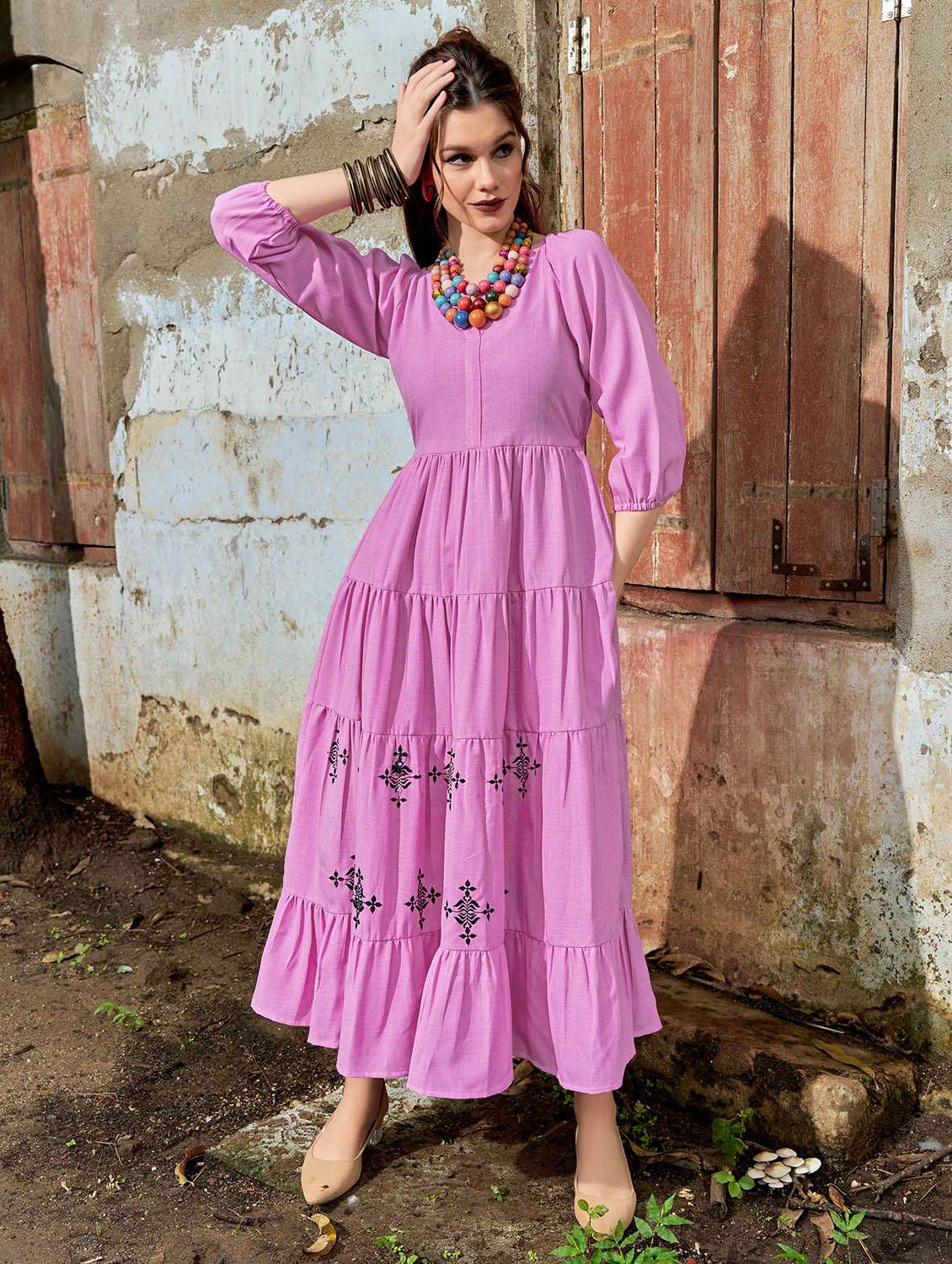women embroidered notch neck tiered dress