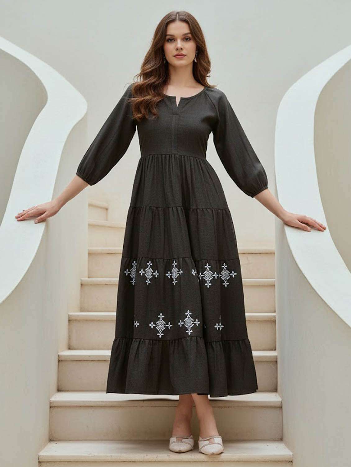 women embroidered notch neck tiered dress - 22541287 -  Standard Image - 2