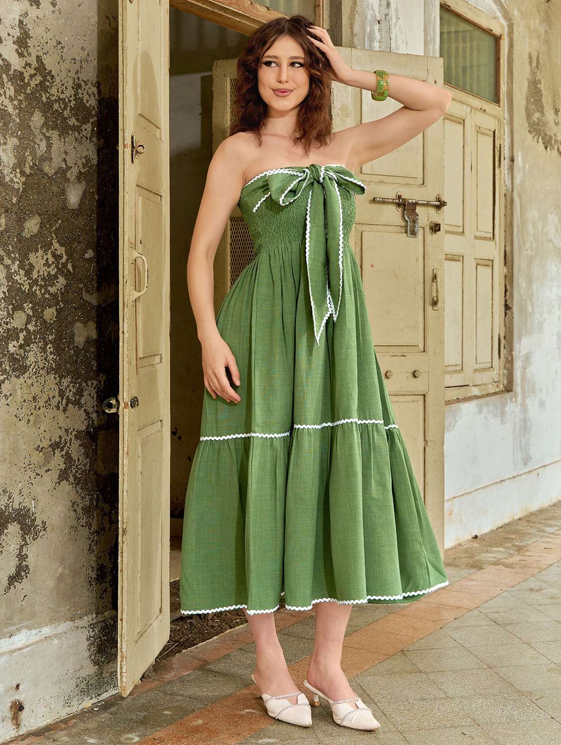women solid with work off shoulder tiered dress - 22541296 -  Standard Image - 2