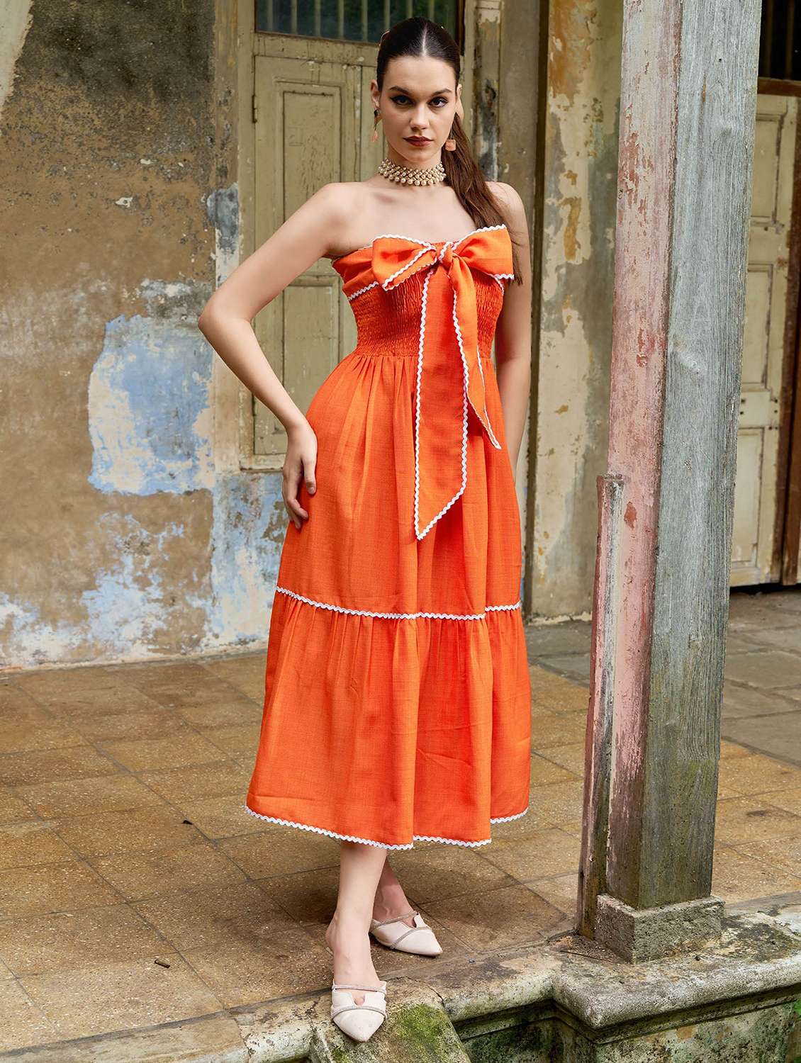 women solid with work off shoulder tiered dress - 22541298 -  Standard Image - 2