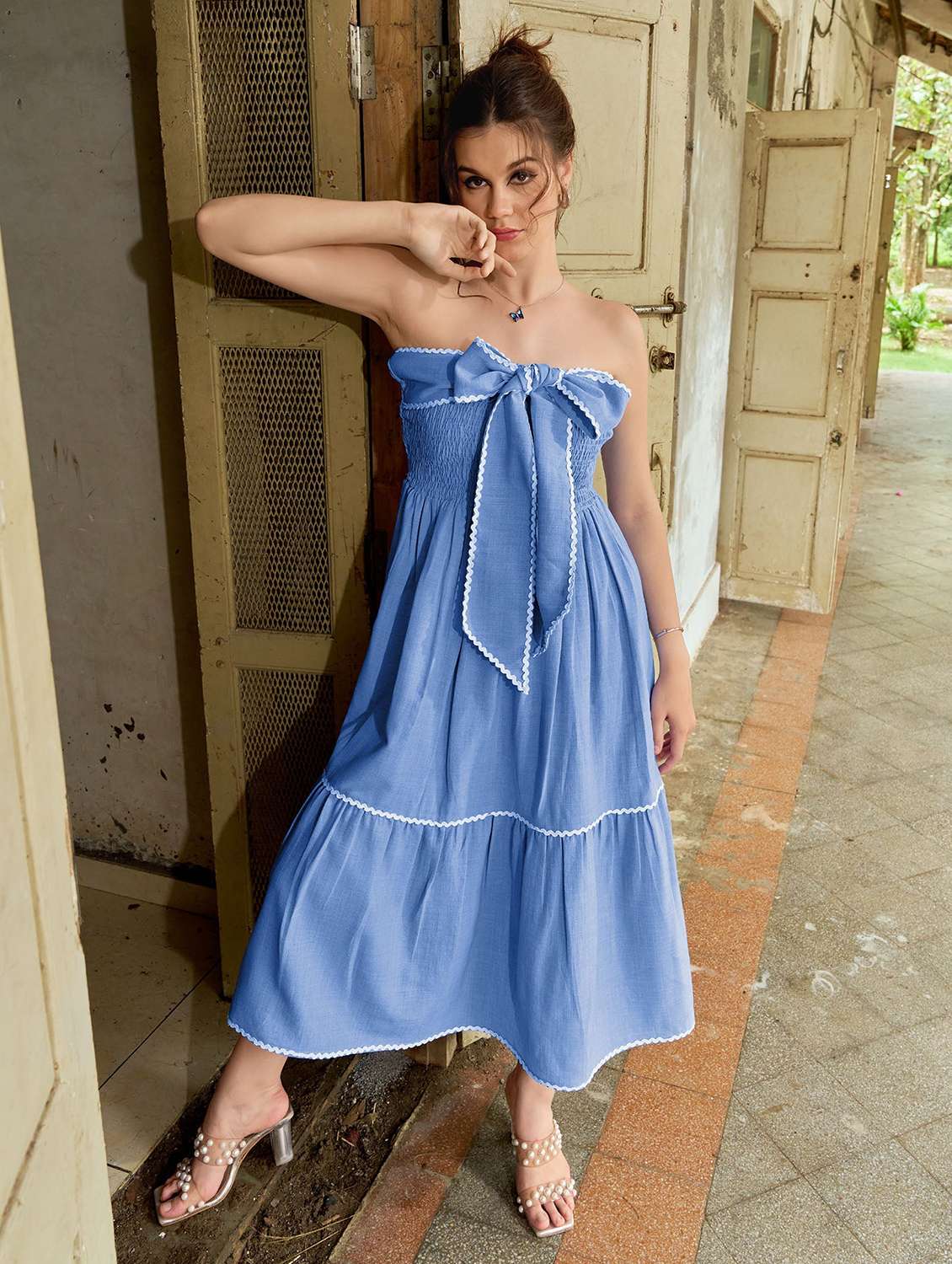 women solid with work off shoulder tiered dress