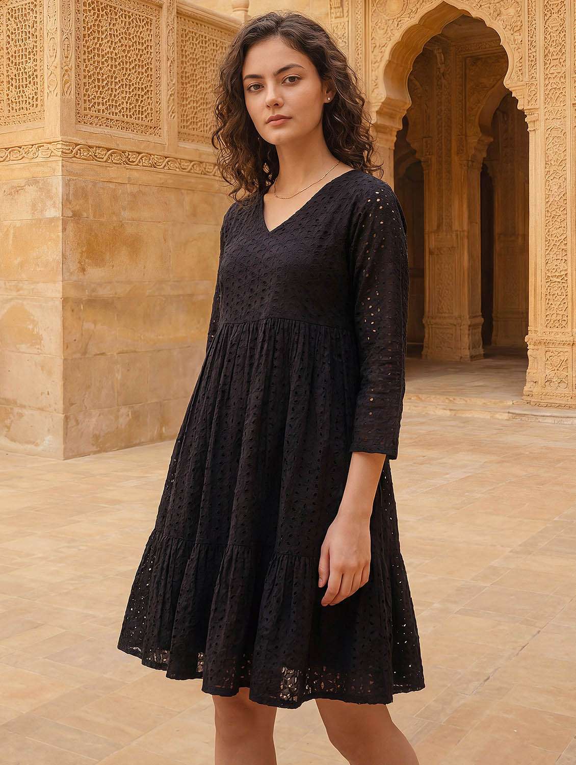 women self design v neck tiered dress - 22541301 -  Standard Image - 2