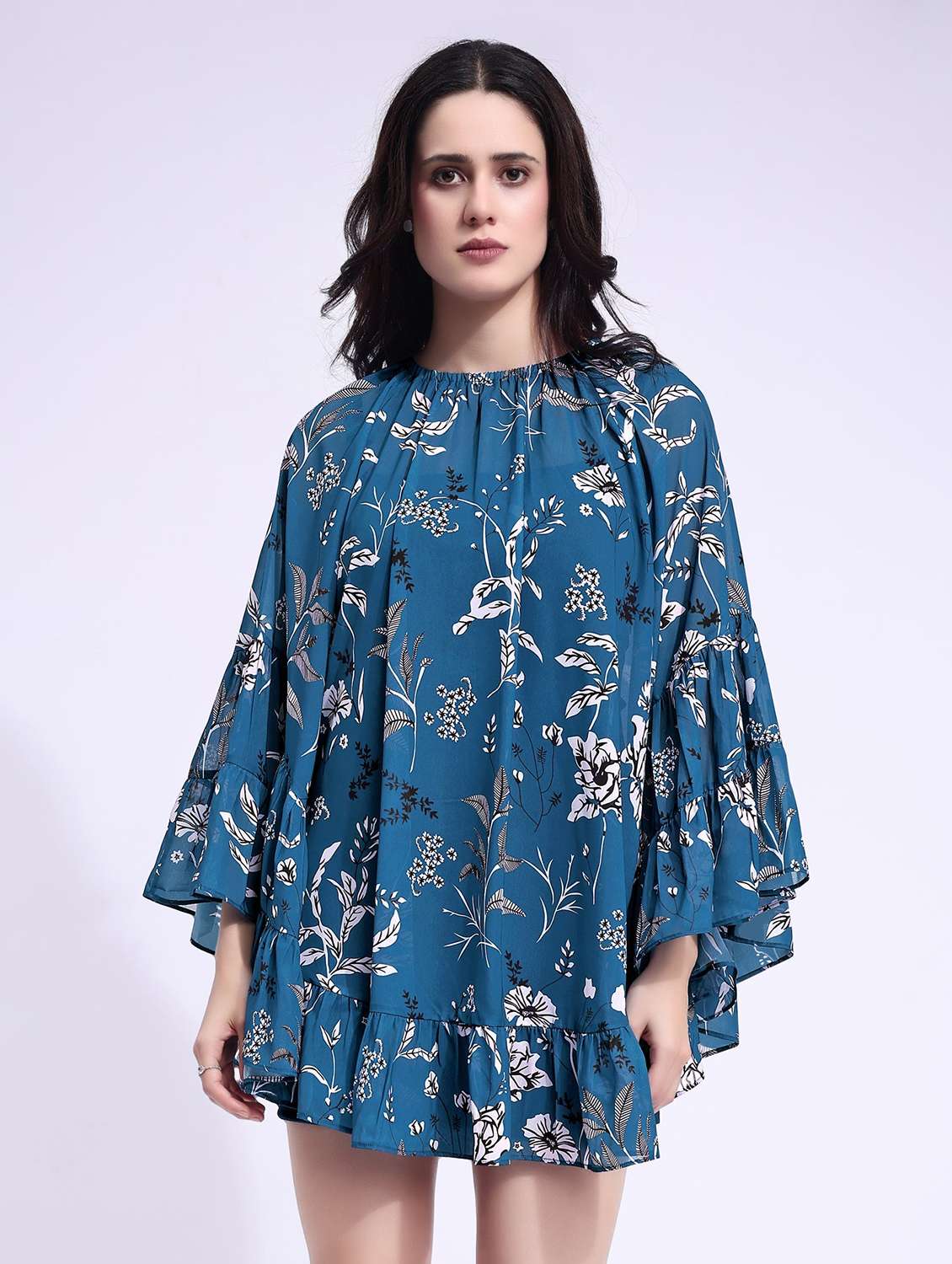women printed round neck tiered dress