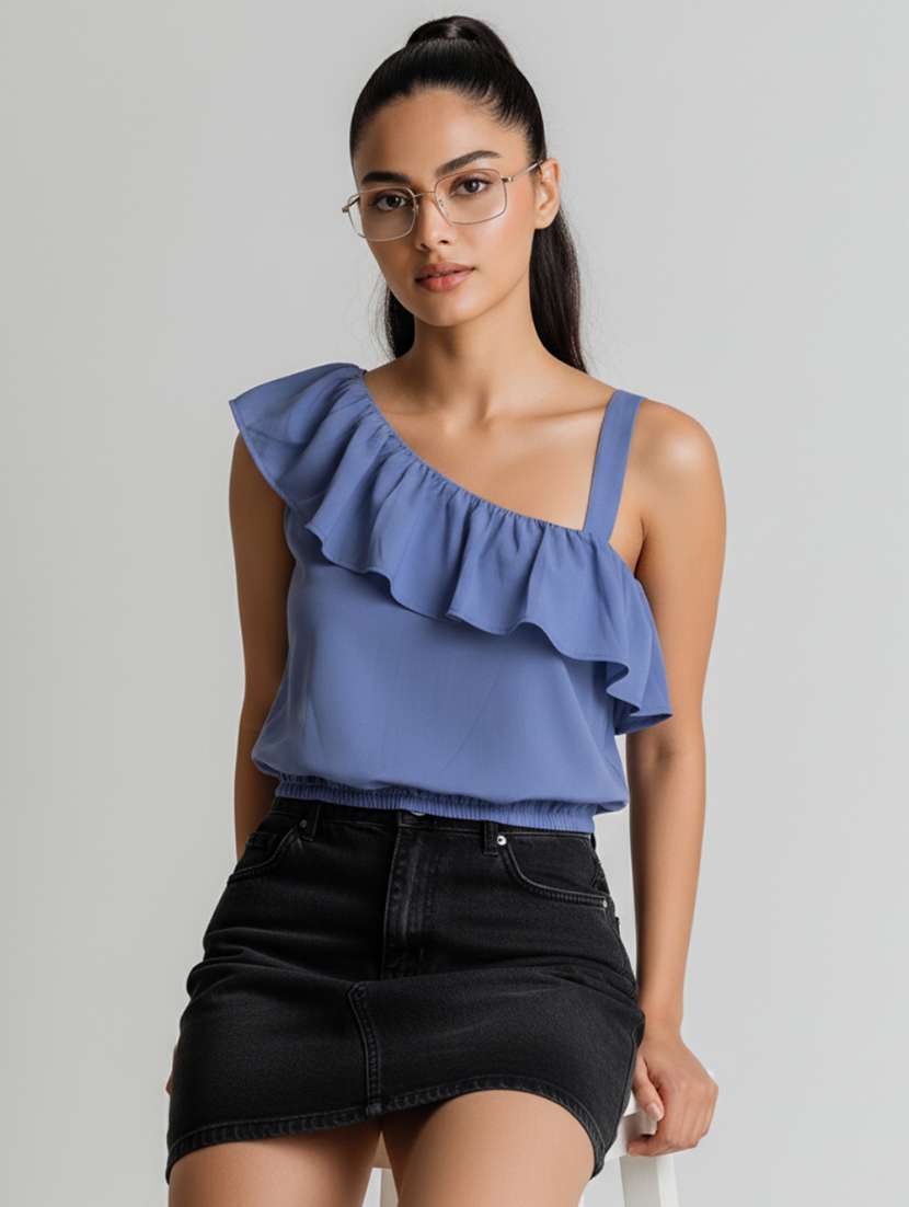 women solid asymmetric neck crop top