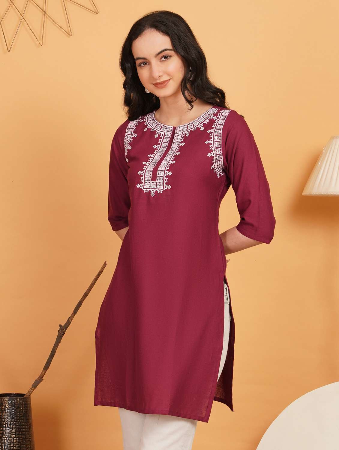 women embroidered three quarter sleeve straight kurti - 22541353 -  Standard Image - 2