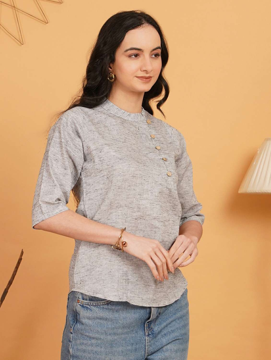 women solid three quarter sleeve ethnic top - 22541394 -  Standard Image - 2