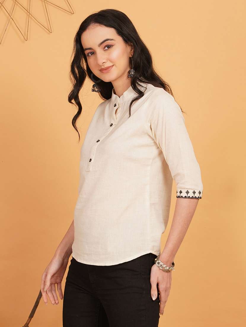 women solid three quarter sleeve ethnic top - 22541397 -  Standard Image - 2