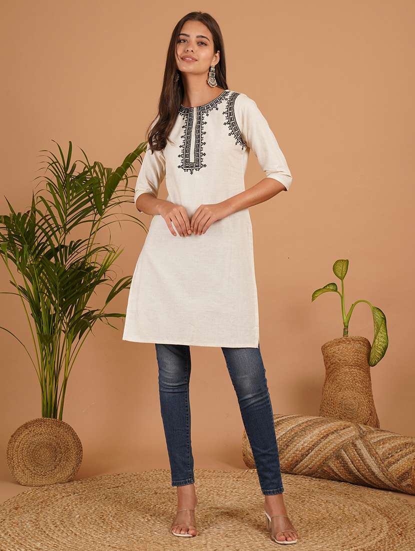 women embroidered three quarter sleeve straight kurti - 22541462 -  Standard Image - 2