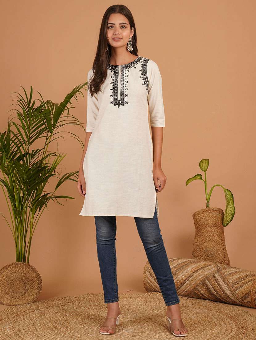 women embroidered three quarter sleeve straight kurti - 22541508 -  Standard Image - 2