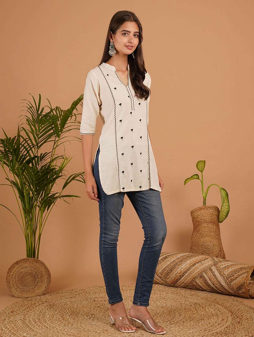 women embroidered three quarter sleeve straight kurti - 22541511 -  Standard Image - 2