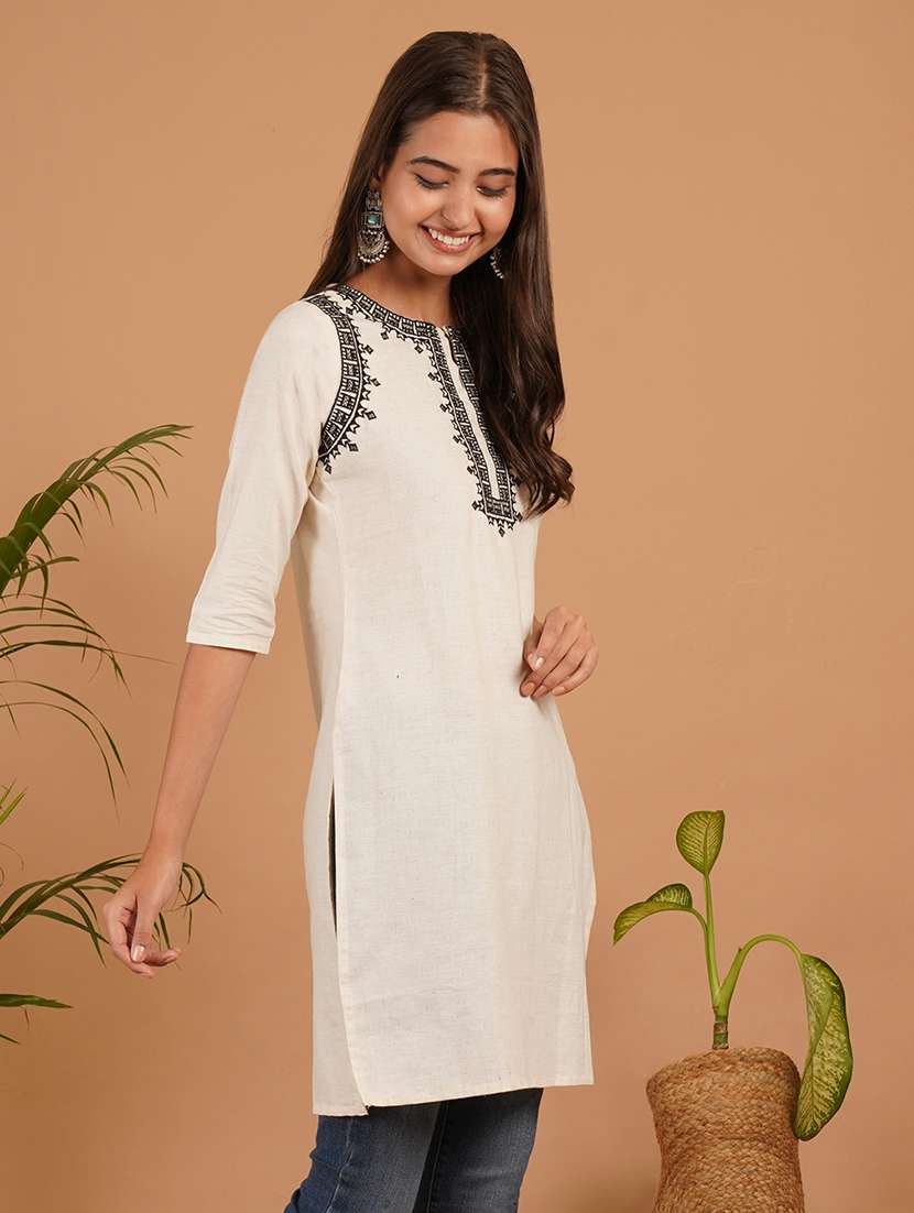 women embroidered three quarter sleeve straight kurti - 22541828 -  Standard Image - 2