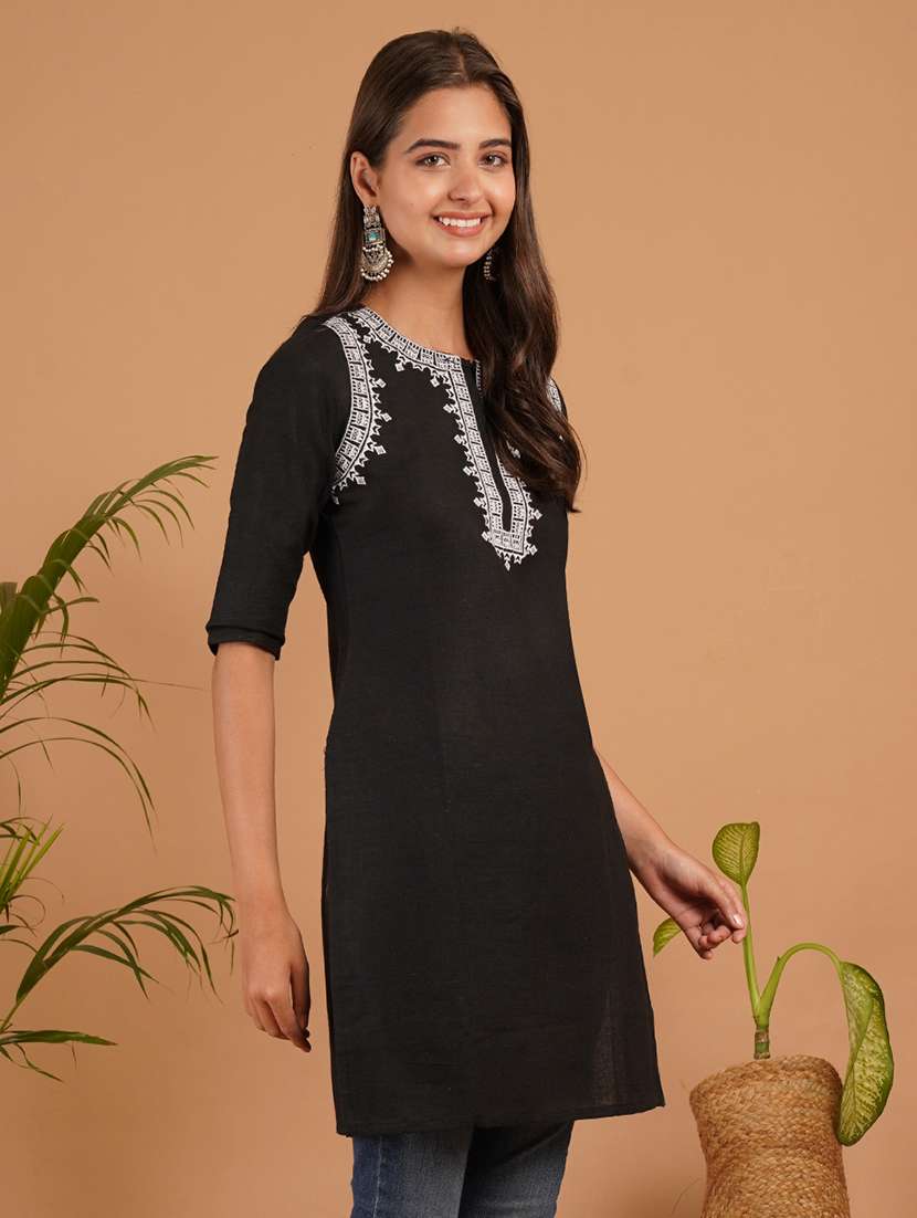 women embroidered three quarter sleeve straight kurti - 22541829 -  Standard Image - 2