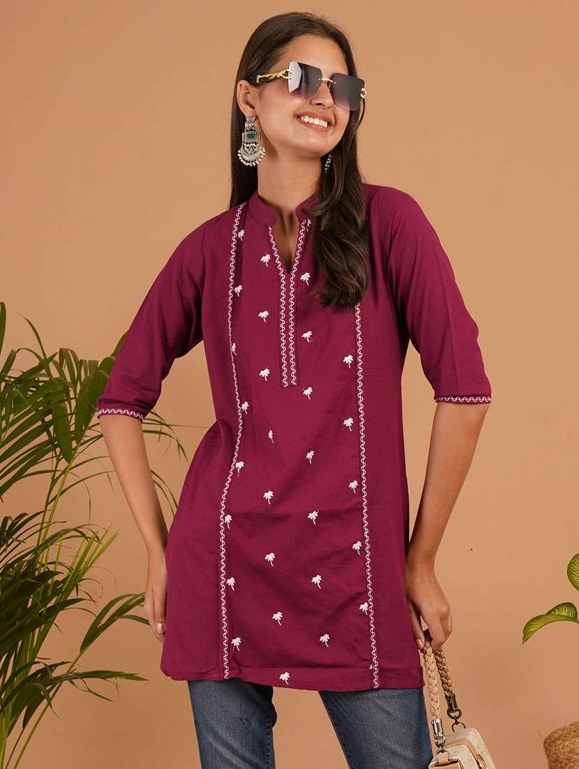 women embroidered three quarter sleeve straight kurti