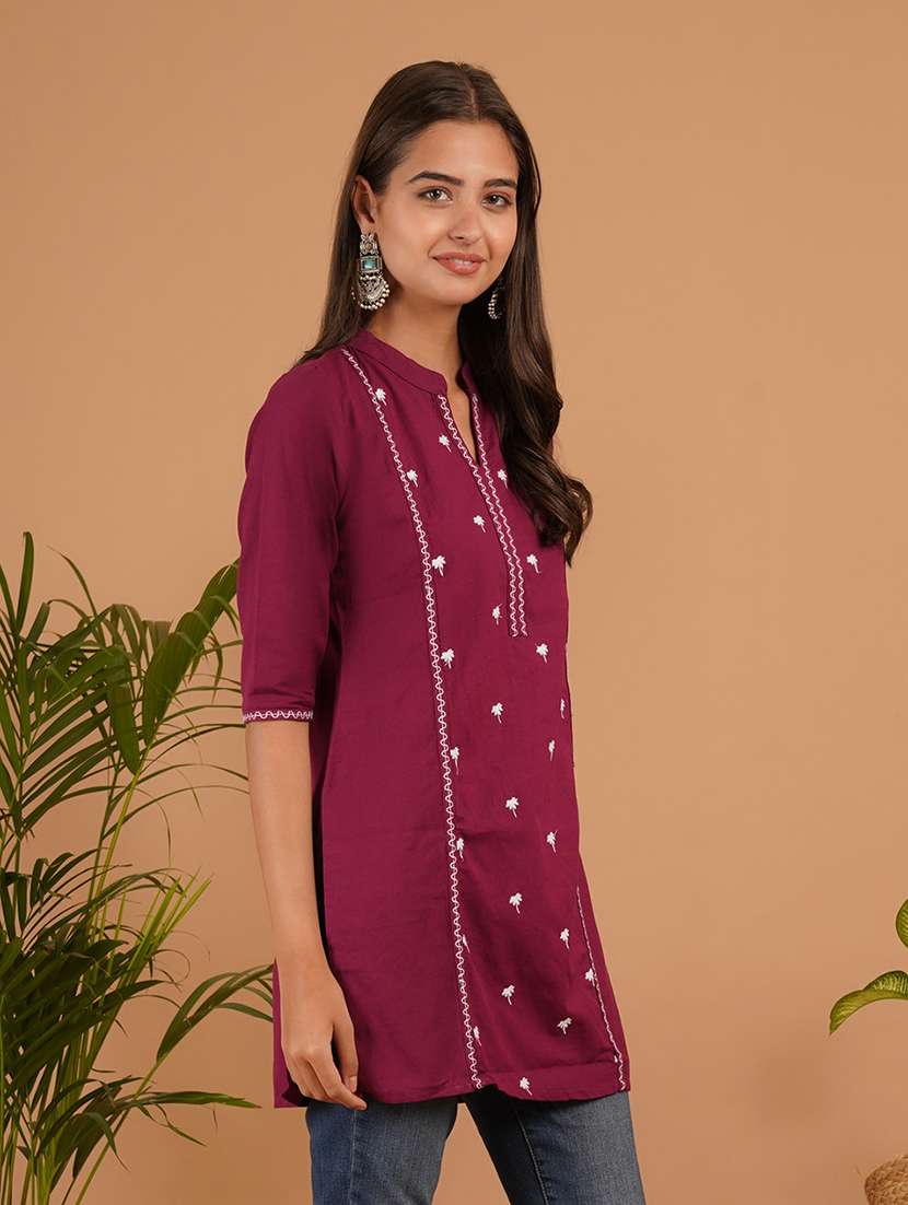 women embroidered three quarter sleeve straight kurti - 22541833 -  Standard Image - 2