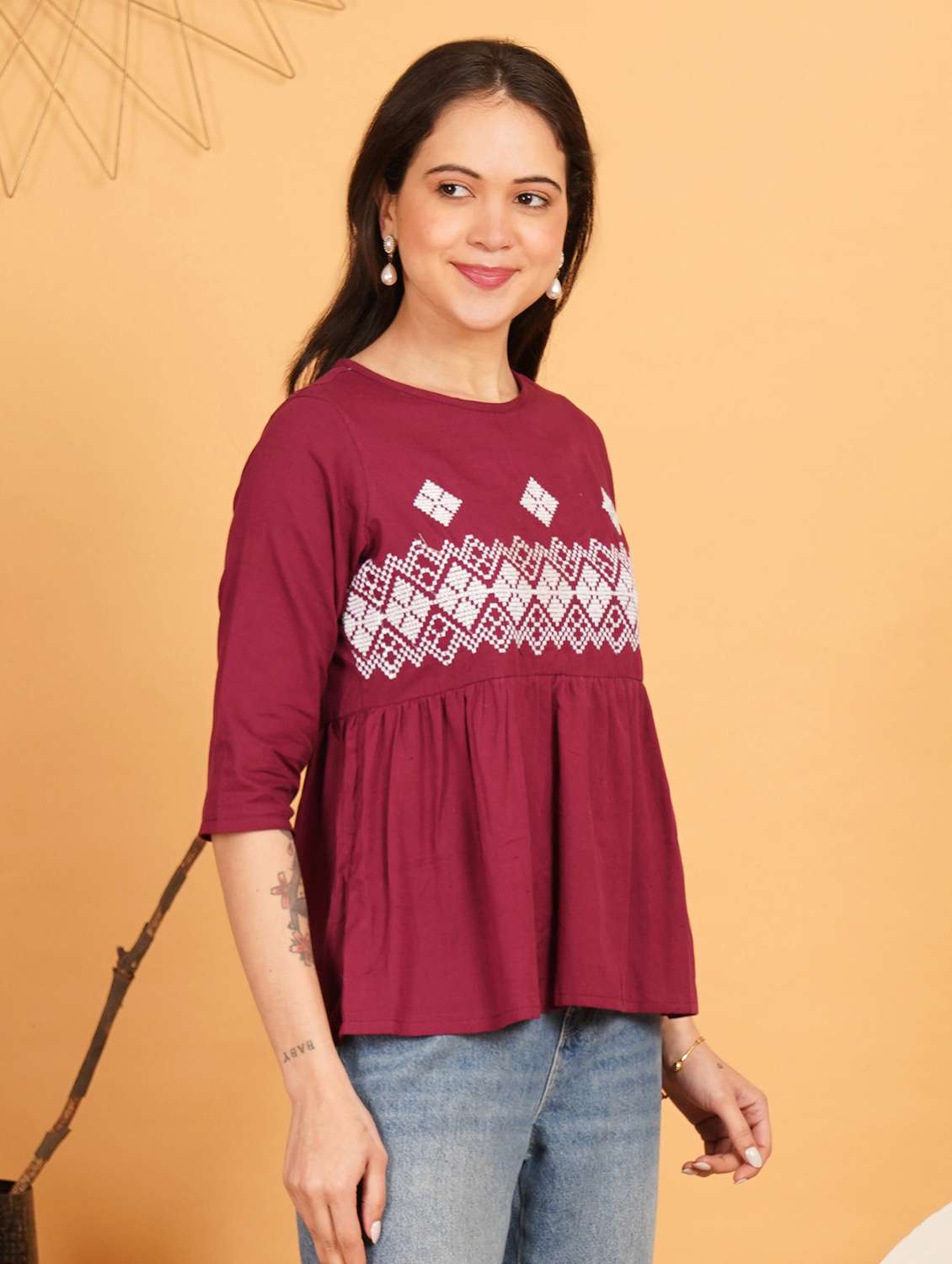 women embroidered three quarter sleeve ethnic top - 22541848 -  Standard Image - 2