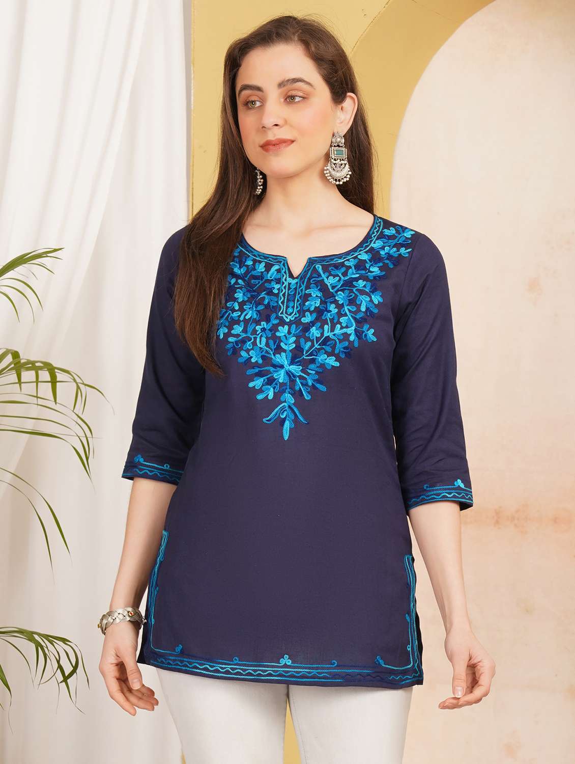 women embroidered notch neck straight kurti